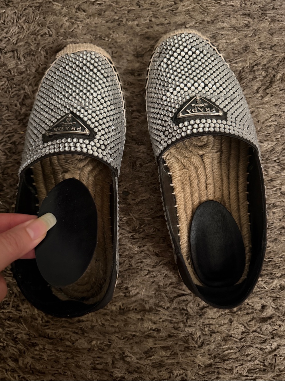 Prada Crystal-Embellished Espadrille Flats in Silver and Black No Box